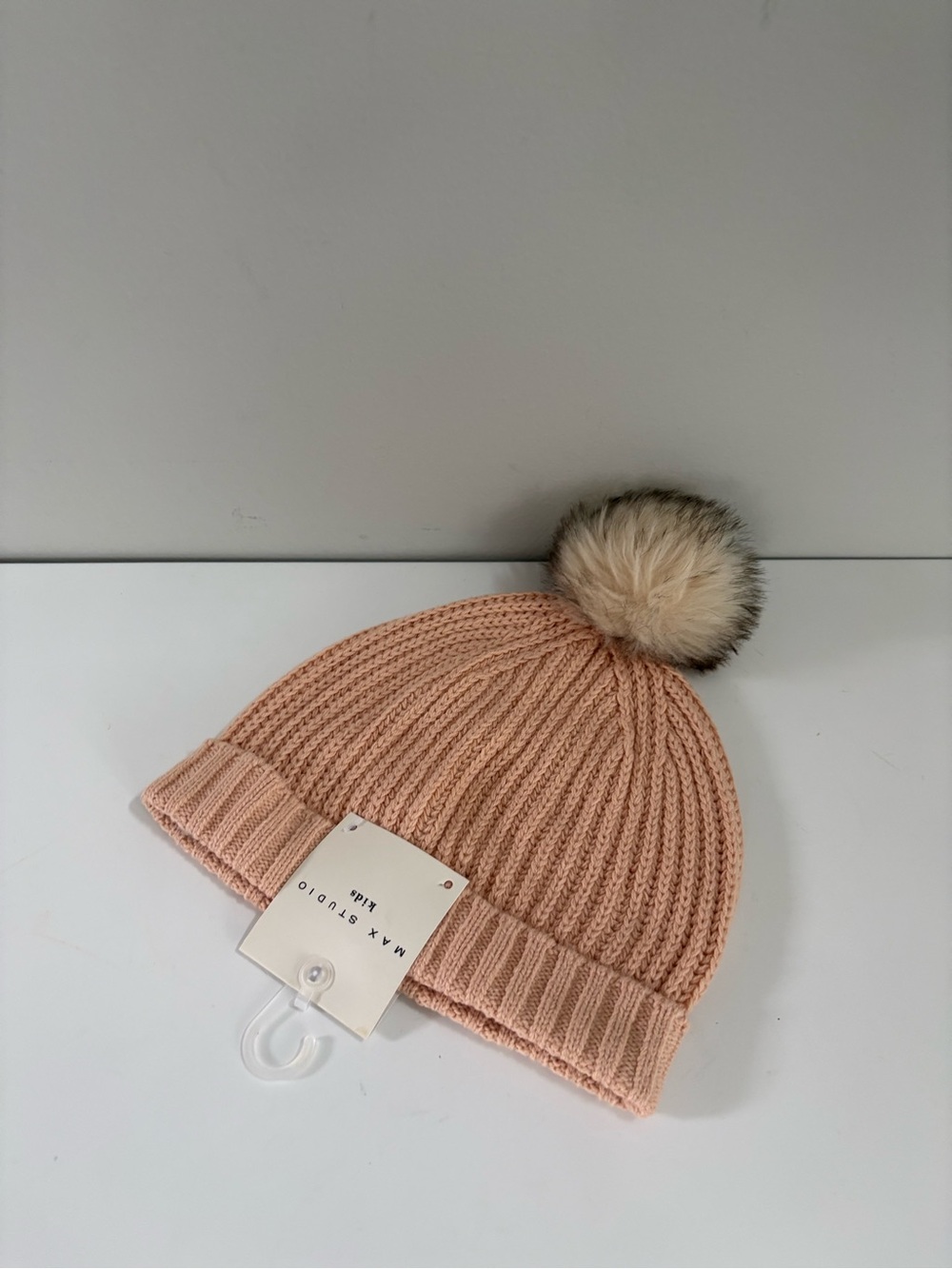 Max Studio Kids Pink Ribbed Knit Pom Pom Beanie Hat